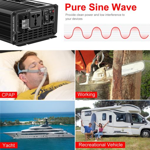 Inversor de energia solar pura de onda sinusoideal Xijia 1500W (Potencia pico 3000W) DC 12V a AC 120V 60HZ Conversor solar para uso domestico automovil (DC12V (Rango 10V-15V) 1500W) - Imagen 4