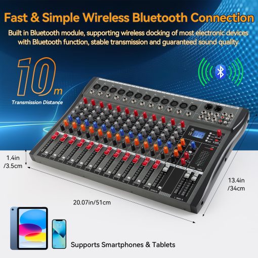 Mesa Mezcladora de Audio de 12 Canales, Consola con Bluetooth USB, Mezcladora DJ para Grabacion de PC Controlador de Sonido Interfaz de Audio con Alimentacion Phantom de 48V, Conector de Microfono XLR, Entrada/Salida RCA (12 Canales) - Imagen 4