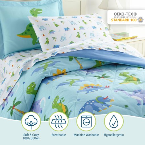Wildkin 100% Algodon 7 Piezas Full Bed-in-A-Bag para Ninos y Ninas, Juego de Ropa de Cama Incluye Edredon, Sabana Plana, Sabana Ajustable, Dos Fundas de Almohada y Fundas de Almohada para Abrazos Calidos (Tierra de Dinosaurios) - Imagen 2