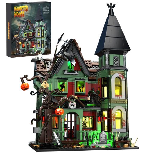 Set de Construccion de Casa Embrujada, Juguete de Casa de Halloween con Luces Compatible con Lego, Arquitectura Tema de Terror Incluye Calabaza Esqueleto Espeluznante Murcielago Bloques de Figura, Regalo para Ninos 8+ y Adultos