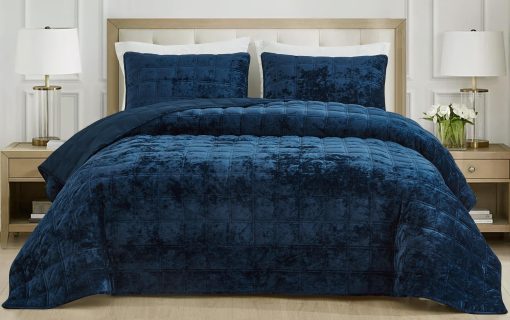 Chezmoi Collection Piers Juego de Edredon de Terciopelo Azul Marino King Extralarge, Set de 3 Piezas de Relleno de Cama Acolchado de Terciopelo Distressed, Ligero para Todas las Estaciones - Microfibra Cepillada Reversible con Doble Puntada Cuadrada