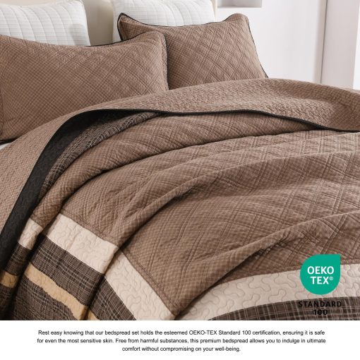 Colcha de Cama DDUOXIN Super King 120" Ancho x 120" Largo - Ligera Colcha de Algodon 100% Extra Grande con 2 Fundas de Almohada, Cubrecamas Reversible Estilo Granja, Juego de Ropa de Cama, Marron Oscuro/Marron/Beige - Imagen 4