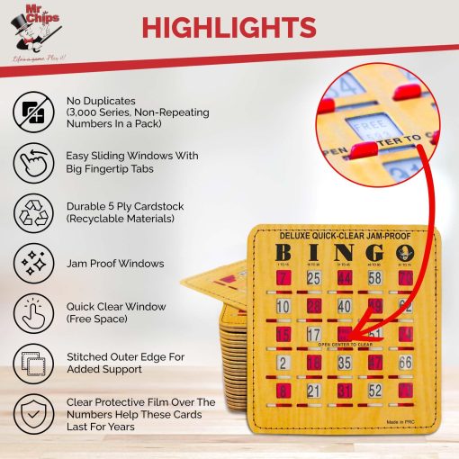 MR CHIPS Cartones de Bingo a Prueba de Atascos con Ventanas Deslizantes, 25 Cartones de Bingo Reutilizables, 75 Cartas de Llamada de Bingo, 1 Tablero Maestro de Bingo en Estilo de Veta de Madera - Imagen 4