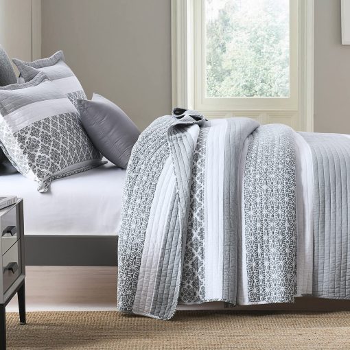 Juego de Edredon King Size SahSahCasa, Set de Edredon King, Edredon de Cama King Size de Algodon 100%, Colcha Reversible Ligera de Retazos Florales para Cama King, Gris Azulado, para Todas las Estaciones, 3 Piezas - Imagen 3