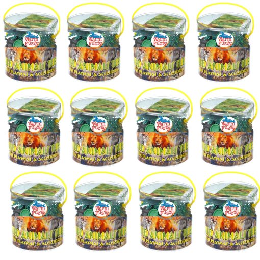 Juguetes Educativos WARM FUZZY Toys para Ninos - Juego Completo de 12 con Figuras Surtidas de Animales del Zoologico - Cada Cubeta Incluye Tapete de Juego de Plastico de 17?x12? para Caja de Premios, Kermes del PTA o Recaudaciones Escolares