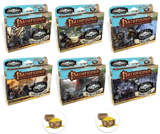 Paquete Mixto de los 6 Sets de Expansion del Juego de Cartas Pathfinder Adventure Skull and Shackles y 2 Botones de Tesoro