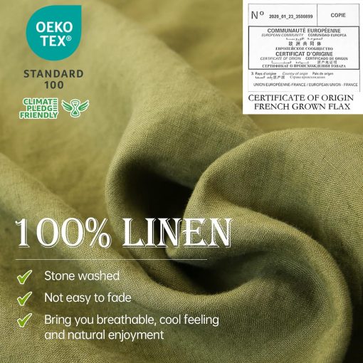 Juego de sabanas Simple&Opulence 100% Lino 4 piezas Estilo Basico, Bolsillo Profundo, Lino Frances Lavado Natural, Sabanas Transpirables Suaves - Verde Oliva, Queen - Imagen 2