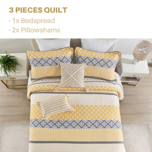 Colcha extragrande reversible de 100% algodon de 128"?120" para cama California King, juego de ropa de cama cubrecamas acolchados ligeros de estilo floral de granja, amarillo/gris - Imagen 4
