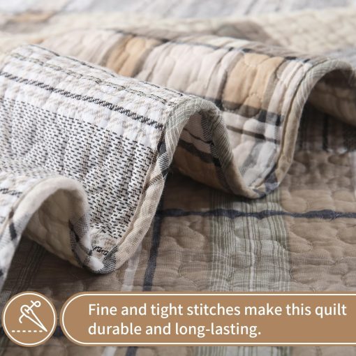 Colcha de algodon KALOOLA 100% algodon tamano queen, juego de cama de colcha a cuadros marron tamano queen 3 piezas, colchas ligeras de estilo granja para todas las estaciones, 1 colcha 2 fundas de almohada - Imagen 4