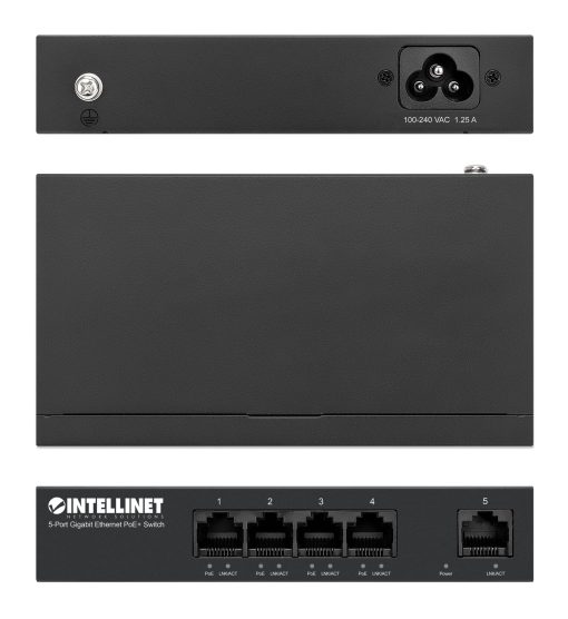Switch Ethernet PoE+ Intellinet de 5 Puertos - 4 Puertos PoE+ @40W, Potencia de Salida de hasta 30W por Puerto - Capacidad de Conmutacion de 10Gbps, No Administrado, Montable en Pared, Silencioso - Garantia de Fabrica de 3 Anos - 561792 - Imagen 4