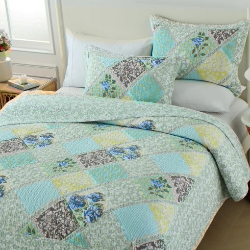 SahSahCasa 100% Algodon 120"x120" Colcha California King Extragrande, Juego de Cubrecama Acolchado Cal King, Colcha XL de Cama Estampada Ligera, 3 Piezas, Verde/Azul - Imagen 4