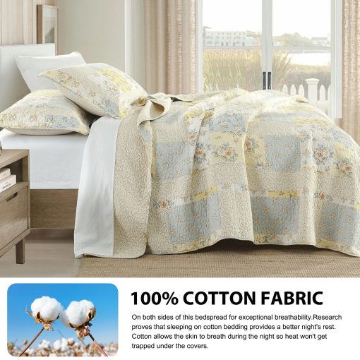 Colcha de Rey Sobredimensionada DDUOXIN (120"x120") - 100% Algodon Reversible con Estampado Floral Acolchado, Fundas de Almohada, Juegos de Colchas Ligeras Estilo Granja, Amarillo, Rey/ Cal King - Imagen 3