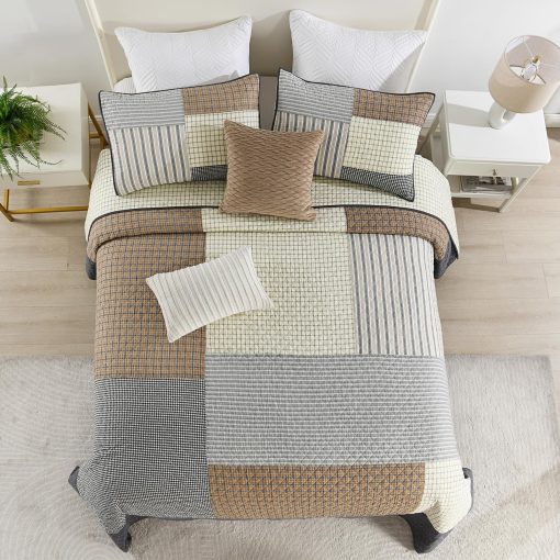 SahSahCasa 100% Algodon 128"x120" Colcha Cubrecama Edredon Cal King XL, Juego de colcha oversized Cal King, Colcha Acolchada Grande, Colcha Patchwork Plaid Ligera, Marron/Crema/Gris - Imagen 8