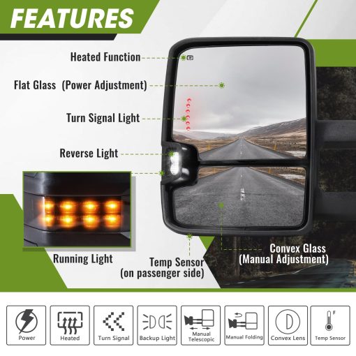 Espejos de Remolque SIZIOM 2014-2018 Chevy Silverado GMC Sierra con Luz de Marcha, Calefaccion, Cristal Electrico - Juego de Espejos de Remolque (Negro Texturizado) - Imagen 2