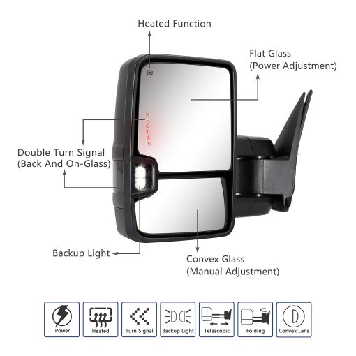 Espejo de Remolque para Silverado Sierra - Compatible con Chevy Silverado GMC Sierra 1999-2002 Espejo de Remolque con Cristal Calefactado Ajustable con Senal de Giro Luz de Respaldo Espejo Lateral Extensible Par - Imagen 2