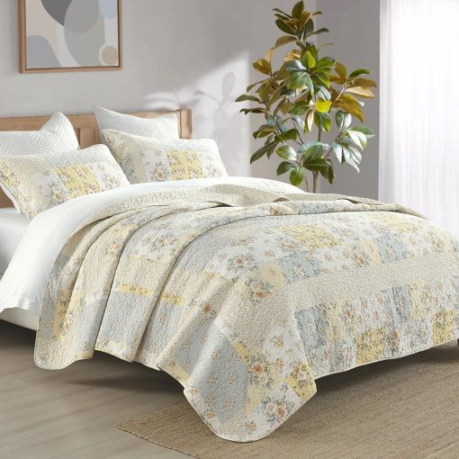 Colcha QuiltEase Oversized King - 120" Lx128 W Extra Ancho - 100% Algodon Ligero Floral Cuadros Juego de Colchas - Granja Reversible Super Colcha King - 3 Piezas - Amarillo/Blanco Crema - Imagen 2