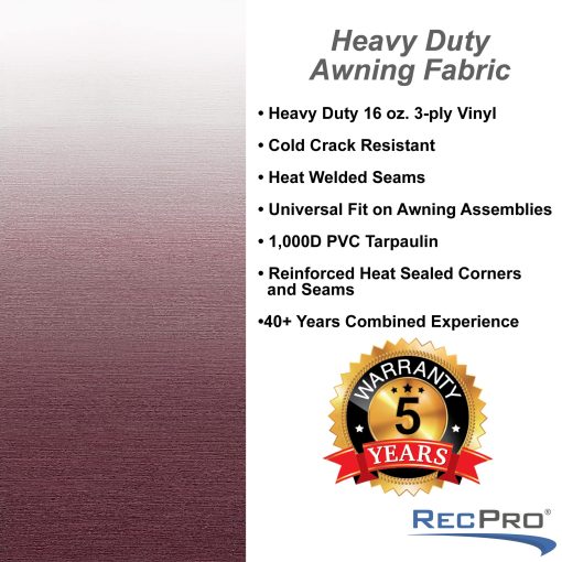 RecPro RV Awning Fabric Replacement | Opciones de Ancho de 8 pies a 22 pies | Variedad de Opciones de Color | Toldo RV de 8' (96") de Longitud | Vinilo Premium (16' - Ancho Real 15' 1", Fundido Borgona) - Imagen 2
