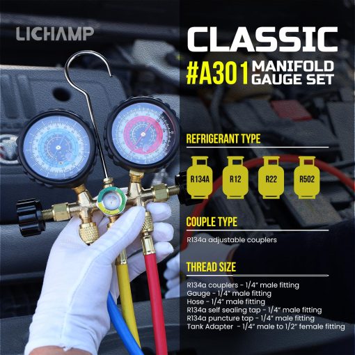 Juego de Manifold de Diagnostico de A/C Lichamp R134a R22 R12 R502 con Manguera de 5FT, Acoplamientos de Puncion y Tapon Autocerrante, Clasico #A301 - Imagen 2