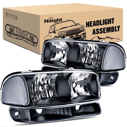 Ensamblaje de faros Nilight compatible con 1999 2000 2001 2002 2003 2004 2005 2006 GMC Sierra Yukon, Carcasa Negra Borde Claro Lente Claro, Reemplazo de conjunto de faros