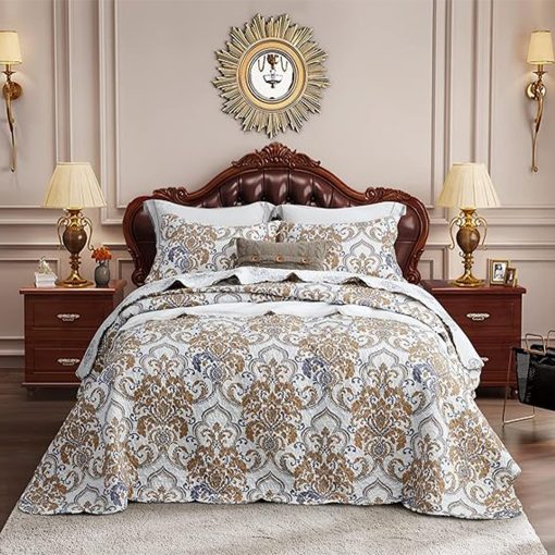 Colcha de Cama Queen Oversized CHIXIN - Coleccion de Lujo - Patron Europeo de Damasco Paisley - Cubierta de Cama Clasica y Hermosa, Ligera, Ultra Suave, 4 Piezas, 100% Microfibra, Blanco/Beige/Gris