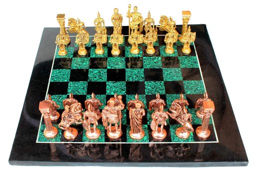 Tablero de ajedrez de marmol negro coleccionable StonKraft y malachita + Piezas de ajedrez romanas de laton - Decorativo de piedra - Decoracion del hogar - 15" pulgadas - Imagen 3