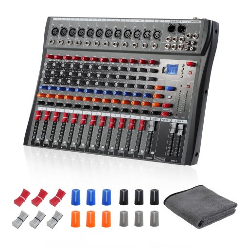Mesa Mezcladora de Audio de 12 Canales, Consola con Bluetooth USB, Mezcladora DJ para Grabacion de PC Controlador de Sonido Interfaz de Audio con Alimentacion Phantom de 48V, Conector de Microfono XLR, Entrada/Salida RCA (12 Canales)
