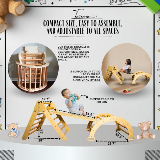 Set de Triangulo Pikler con Cojin, Arco y Tobogan 7 en 1 - Gimnasio de Escalada de Madera para Ninos, Gimnasio de Juego Interior Montessori, Triangulo de Escalada, Gimnasio de Interior para Ninos | Set de Escalada Pikler Montessori - Imagen 4