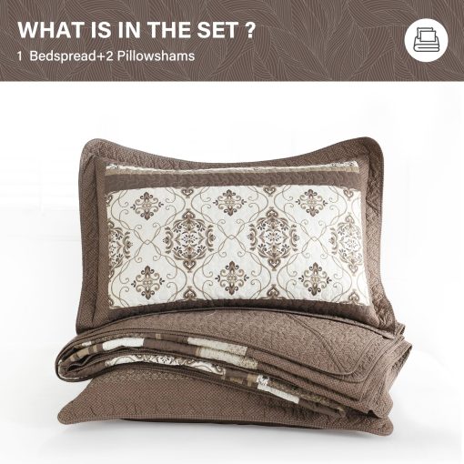 SahSahCasa Colcha Edredon de Reina de 120"x102" 100% Algodon, Juego de Colcha, Edredon Extra Grande, Cobertor de Cama XL, Relleno Ligero, 3 Piezas, Beige/Marron Oscuro - Imagen 6