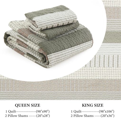 Juego de edredon de algodon Uniclinens tamano King, Juego de edredon de cama King, Colcha a rayas de estilo campestre, Edredon reversible ligero, Juego de 3 piezas con 2 fundas de almohada, Blanco/Marron/Gris/Verde - Imagen 6