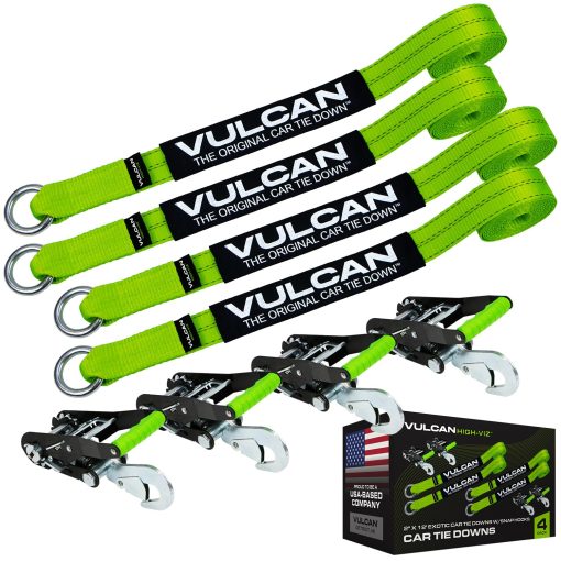 VULCAN Amarre para Rin de Auto con Trinquetes - 2 Pulgadas x 144 Pulgadas - Paquete de 4 - Alta Visibilidad - Carga de Trabajo Segura de 3,300 Libras