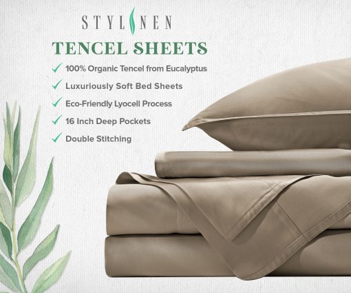 Juego de sabanas King Size 100% Organicas de Eucalipto STYLINEN, Tencel Lyocell, Suaves y Lisas, Transpirables, Bolsillos Profundos de 16 Pulgadas, 1 Ajustable, 1 Plana, 2 Fundas de Almohada (King, Arena) - Imagen 4