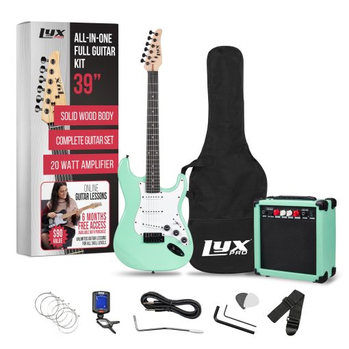 Kit de Guitarra Electrica de 39 pulgadas LyxPro con Amplificador de 20w, Todos los Accesorios, Afinador Digital de Pinza, Seis Cuerdas, Dos Puas, Barra de Tremolo, Correa para el Hombro, Bolsa de Estuche Kit de Inicio Tamano Completo - Verde