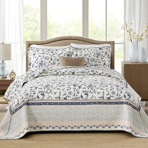 Colcha Acolchada Extra Grande KALOOLA 120x102, 100% Algodon Colchas de Cama Tamaño Queen, Ligera Reversible Cubrecama Edredon Set con Fundas de Almohada, 3 Piezas, Azul Marino Marron