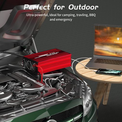 POWTDEAR Power Inverter 2000 Watt, Convertidor de Energia 2000W DC 12V a 110V AC Inversor de Coche con Puertos USB de 2.4A y 3 Tomas de Corriente Alterna Rojo - Imagen 7
