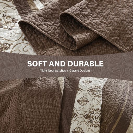 SahSahCasa Colcha Edredon de Reina de 120"x102" 100% Algodon, Juego de Colcha, Edredon Extra Grande, Cobertor de Cama XL, Relleno Ligero, 3 Piezas, Beige/Marron Oscuro - Imagen 5