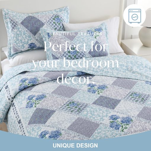 Colcha Extra Grande de Algodon al 100% de Finos Bordados 120"x102", Colchas de Cama Queen Livianas, Colcha Floral Extra Grande, Cubrecamas Reversible Acolchados, 3 Piezas, Azul - Imagen 7
