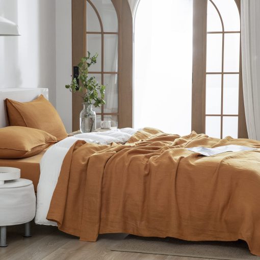 Juego de sabanas de lino EVERLY tamano gemelo, 100% lino puro frances, 3 piezas (1 sabana plana, 1 sabana ajustable, 1 funda de almohada) Adecuado para personas que duermen calientes, Juego de cama natural con bolsillo profundo lavado con piedra - Caramelo - Gemelo - Imagen 9
