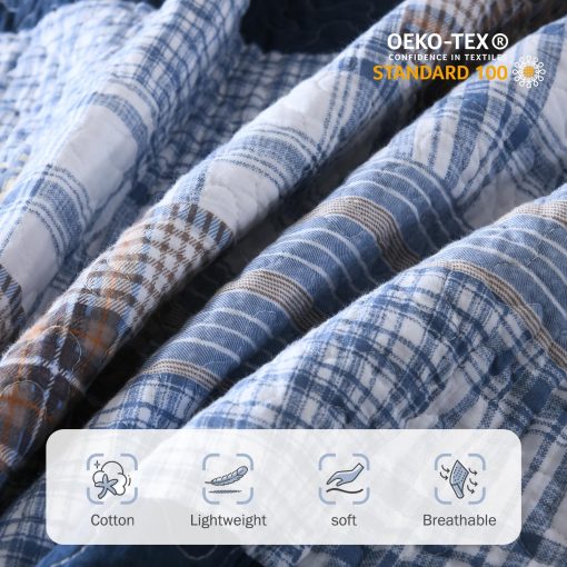 Juego de Colcha de Algodon Queen Size Azul, Juego de Colcha de Cuadros acogedora para Cama Queen, Reversible y Ligera, 3 Piezas - Imagen 4