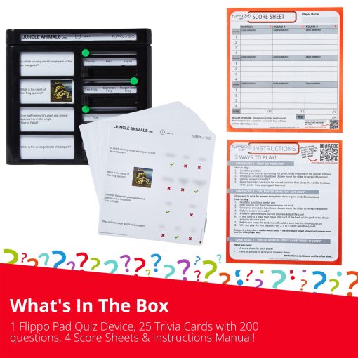 Flippo pad Quiz Device Game - Juego de Trivia sobre Animales de la Jungla - 25 Tarjetas - 200 Preguntas - Educativo y Divertido - Juegos de Viaje Ideales para Ninos - Juegos de Trivia Familiar - Paquete Portatil - Edad 6+ - Imagen 5