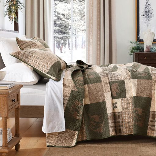 Juego de edredon SahSahCasa 100% algodon tamaño Queen, reversible de estilo rustico de cabaña de campo de granja, juego de ropa de cama, edredon ligero para cama Queen, 3 piezas, beige/verde grisaceo/marron - Imagen 3