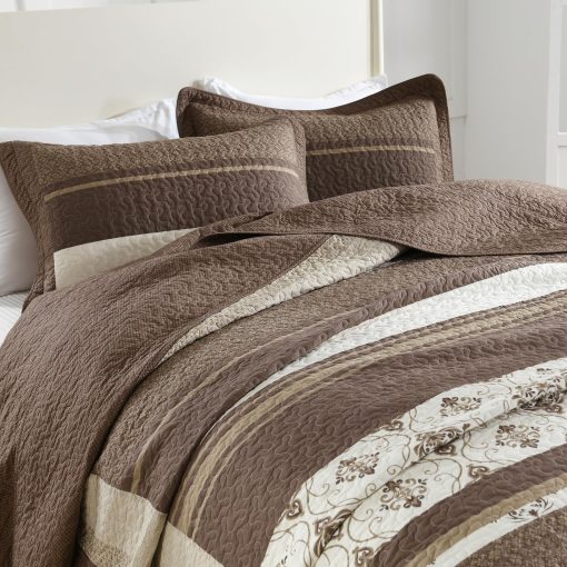 SahSahCasa Colcha Edredon de Reina de 120"x102" 100% Algodon, Juego de Colcha, Edredon Extra Grande, Cobertor de Cama XL, Relleno Ligero, 3 Piezas, Beige/Marron Oscuro - Imagen 7