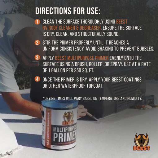 BEEST Multi-Purpose Primer - Capa Base para Techos de Autocaravanas, Capa Base EPDM, Capa Base de Concreto, Capa Base de Goma Liquida, Recubrimiento para Techos EPDM, Capa Base para Decks, Adhesion de Alta Adhesion No Toxica y Pegajosa - 1Gal - Imagen 5