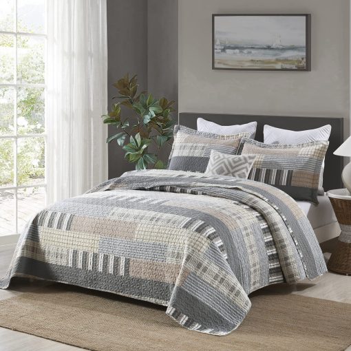 Conjunto de Edredon PANGUSHAN Tamaño King, Juego de Ropa de Cama de Edredon 100% de Algodon, Colchas Acolchadas, Patchwork Cuadros Granjas Reversible, Colcha de Cama Ligera para Cama King, Gris/Marron, 3 Piezas - Imagen 2