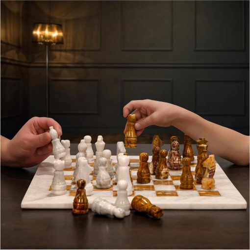 Juego de ajedrez de marmol hecho a mano UMAID con lujosa caja de regalo de terciopelo - Tablero de ajedrez de marmol de onix blanco y marron de 12 pulgadas, Juegos de ajedrez unicos para adultos y decoracion de marmol para el hogar - Imagen 3