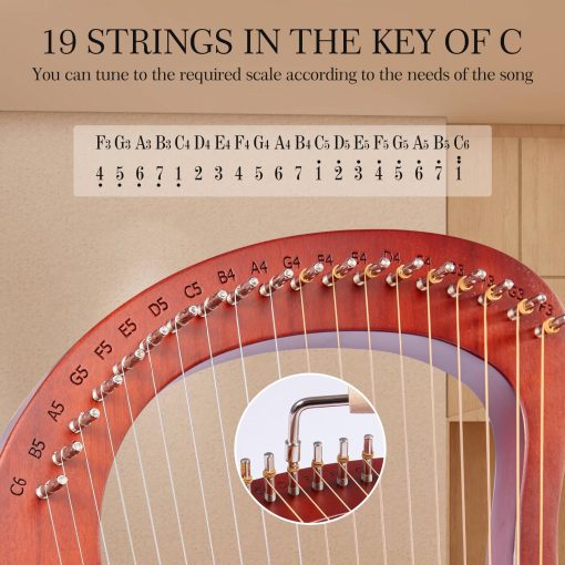 Arpa Lira VixxNoxx, 19 Cuerdas de Caoba, Kit de Arpa Lira, Instrumentos Musicales de Cuerda con Llave de Afinacion Bolso Instrucciones Cuerdas Extra para Principiantes Adultos - Imagen 5