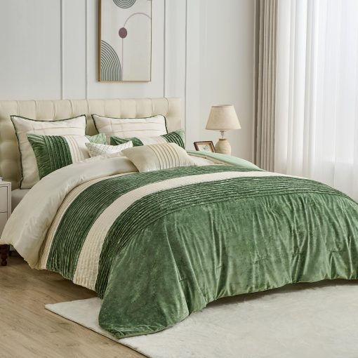 Maravilloso Set de Edredon de Terciopelo King Size de Seda Artificial - Juego de Cama de 3 Piezas Plisado a Rayas de Lujo, Ligero y Acogedor, Sensacion de Algodon, Juego de Ropa de Cama de Navidad Suave y Esponjoso (Verde Menta, King)