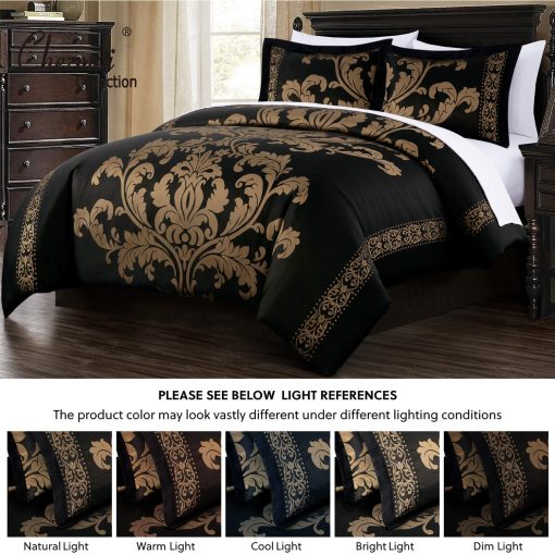 Chezmoi Collection Valor 7-Piece Bed in a Bag Queen, Negro/Oro Juego de Cama de Jacquard Floral de Lujo con Sabanas para Todas las Estaciones - Imagen 5
