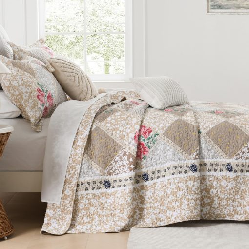 Colcha de Pared 100% Algodon de Gran tamano 128"x120", Colchas California King livianas, Colchas florales extra grandes, Colcha Reversible Acolchada para Cama, 3 Piezas, Marron - Imagen 2