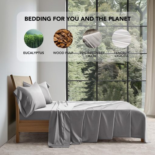 Juego de Sabanas de Algodon Tencel EVERGRACE tamano King, 4 piezas, Sabanas de Cama Suaves y Frescas, Lujosas Sabanas Organicas de Lyocell de Eucalipto con Bolsillo Profundo, 1 Sabana Ajustable, 1 Sabana Plana, 2 Fundas de Almohada, Gris Paloma - Imagen 3
