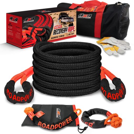 Cuerda de Recuperacion Cinetica ROADPOWER 1 pulgada x 30 pies - con Bolsa Guantes y 2 Piezas de Soporte Suave - Kit de Recuperacion Resistente para UTV, ATV, Camion, Automovil (14 Toneladas/35000 Lbs, 1 pulgada x 30 pies)
